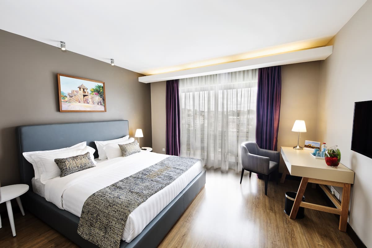 Una habitación de hotel moderna con una cama grande, un escritorio, una silla y vistas a la ciudad.