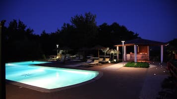 Seasonal outdoor pool, open 10:00 AM to 7:00 PM, pool umbrellas