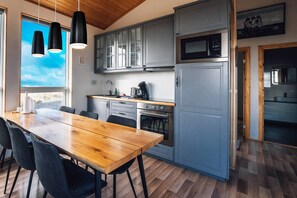 Deluxe Cabin, 2 Bedrooms | Private kitchen | Fridge, microwave, oven, stovetop - Blue View Cabin 5A with Hot Tub (Bláskógabyggd)