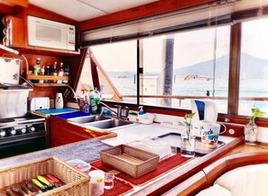 Lemonia Yacht | Private kitchen | Full-size fridge, microwave, stovetop, dishwasher