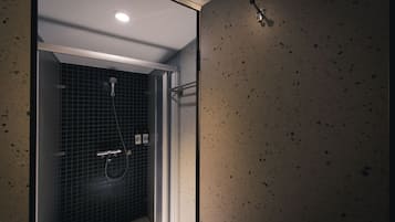 Shower, rainfall showerhead, hair dryer, towels