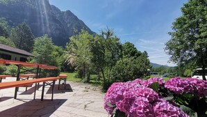 A stone patio with picnic tables, a garden with hydrangea flowers, and a mountain backdrop.