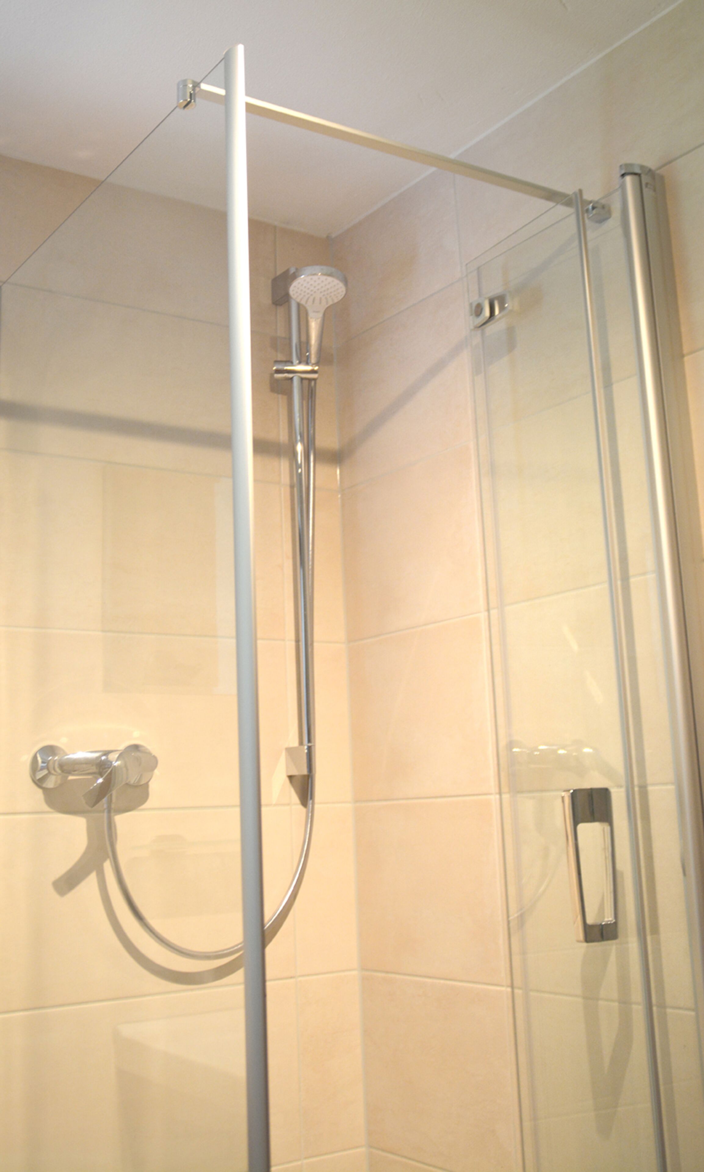 A glass-enclosed shower stall with a handheld showerhead and a wall-mounted faucet.