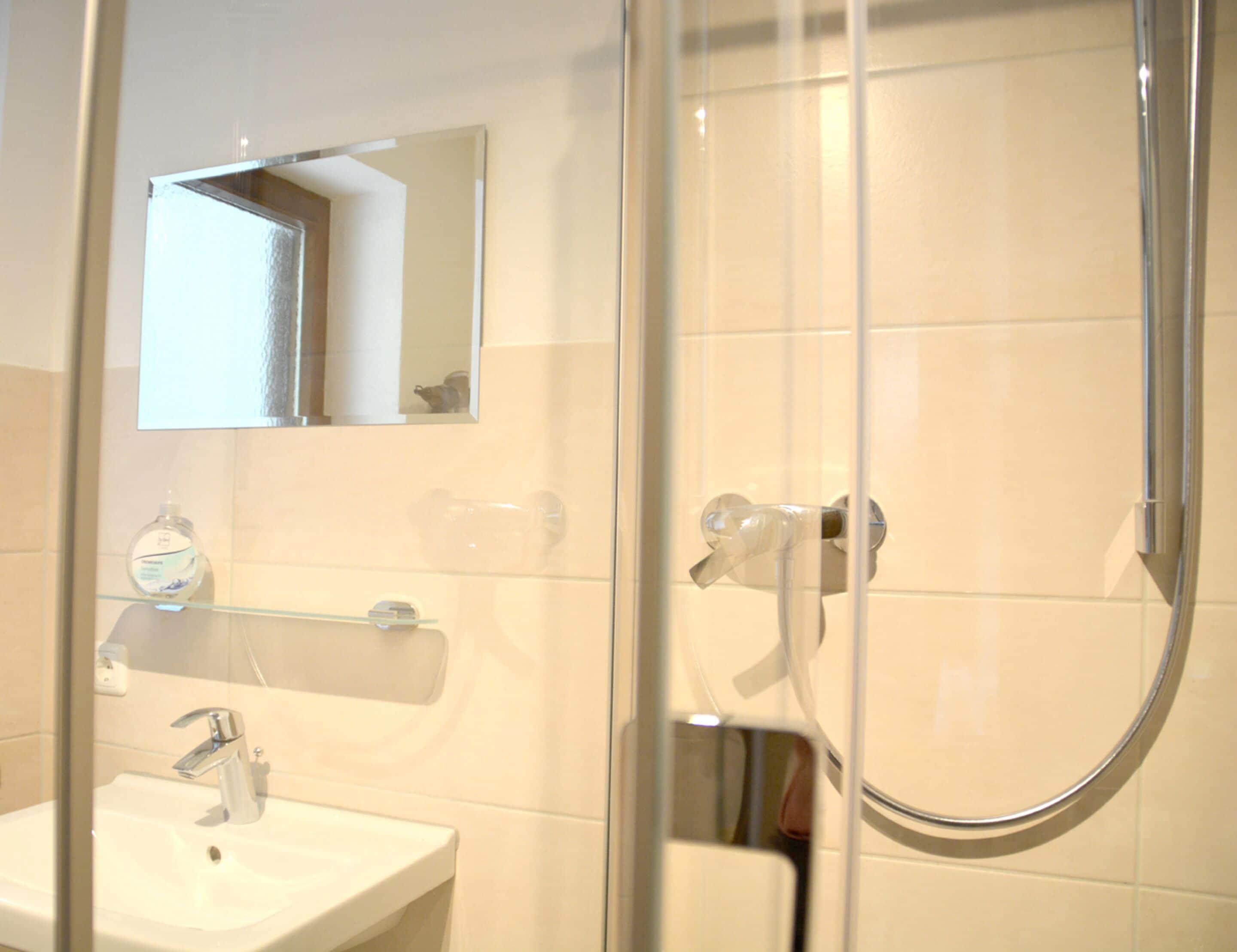 A bathroom with a glass-enclosed shower, a sink with a chrome faucet, and a mirror above the sink.