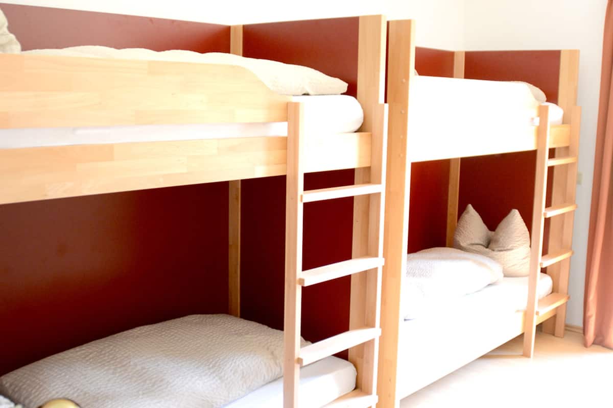 A bunk bed with a wooden ladder, a small bedside table with a plant, and a red wall.