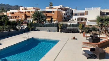 A rooftop pool area with a clear blue pool, lounge chairs, and potted plants.