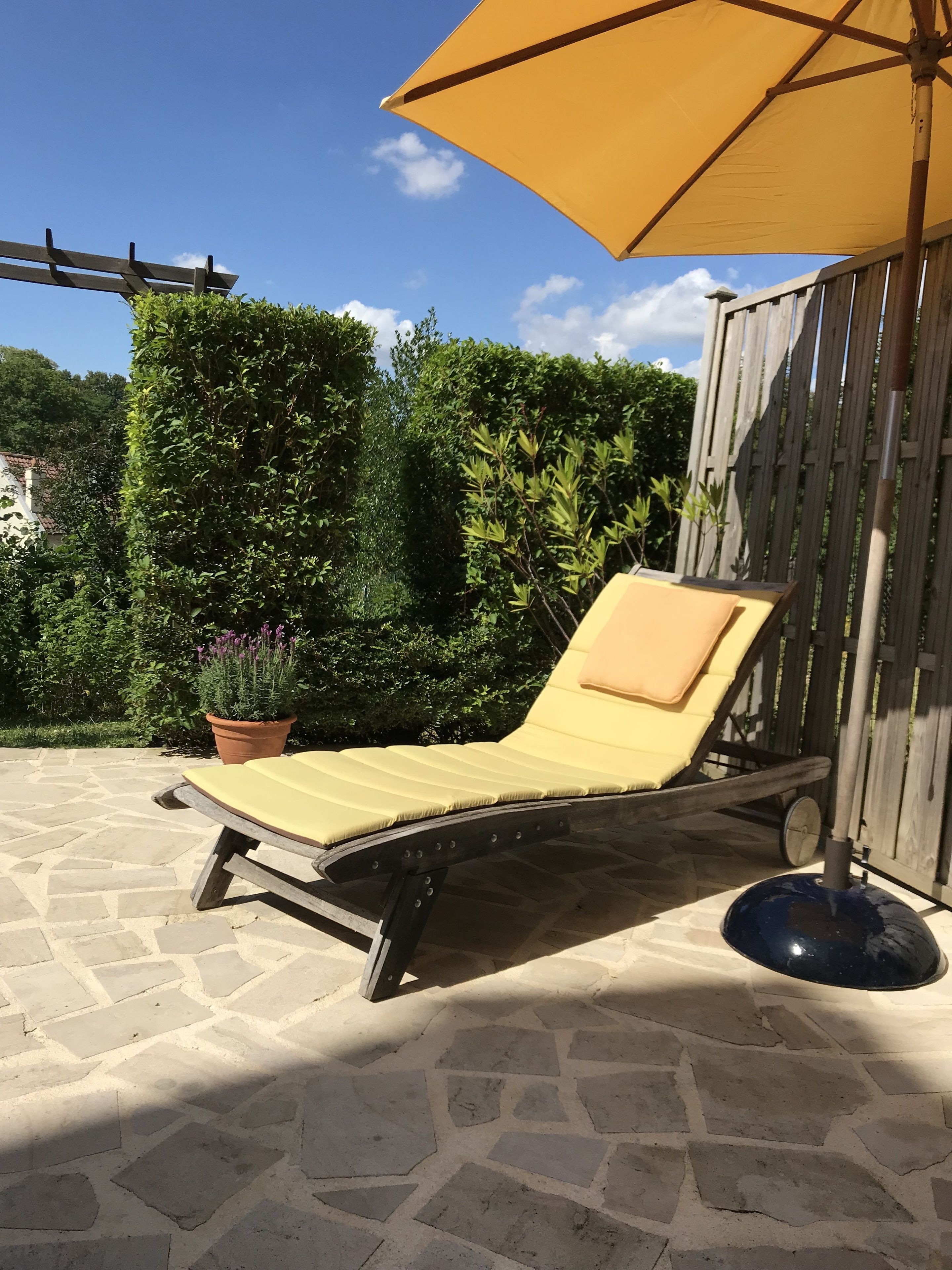 A sun lounger with a cushion, a potted plant, and a wooden fence in the background.