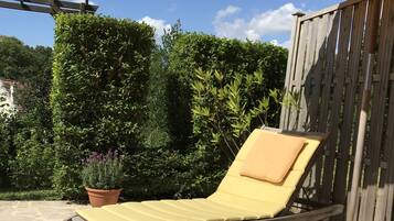 A sun lounger with a cushion, a potted plant, and a wooden fence in the background.