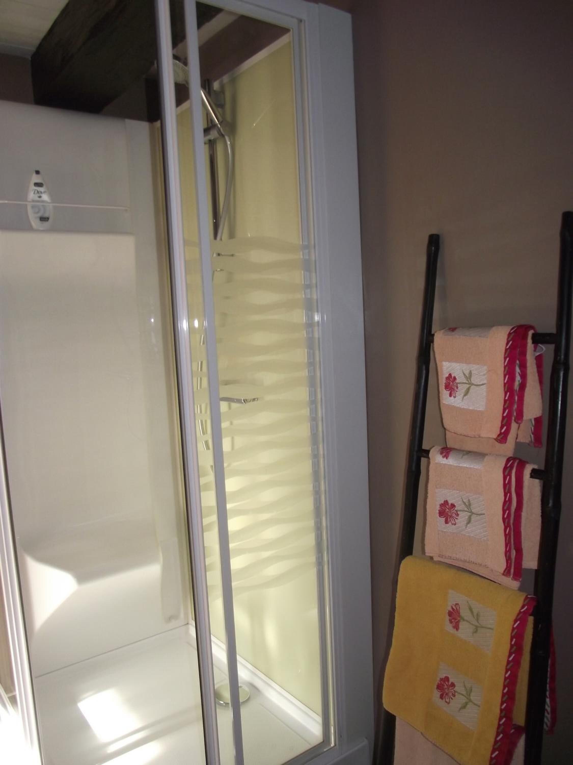 Een badkamer met een douchecabine van glas, een witte badkuip en een handdoekrek met opgevouwen handdoeken.