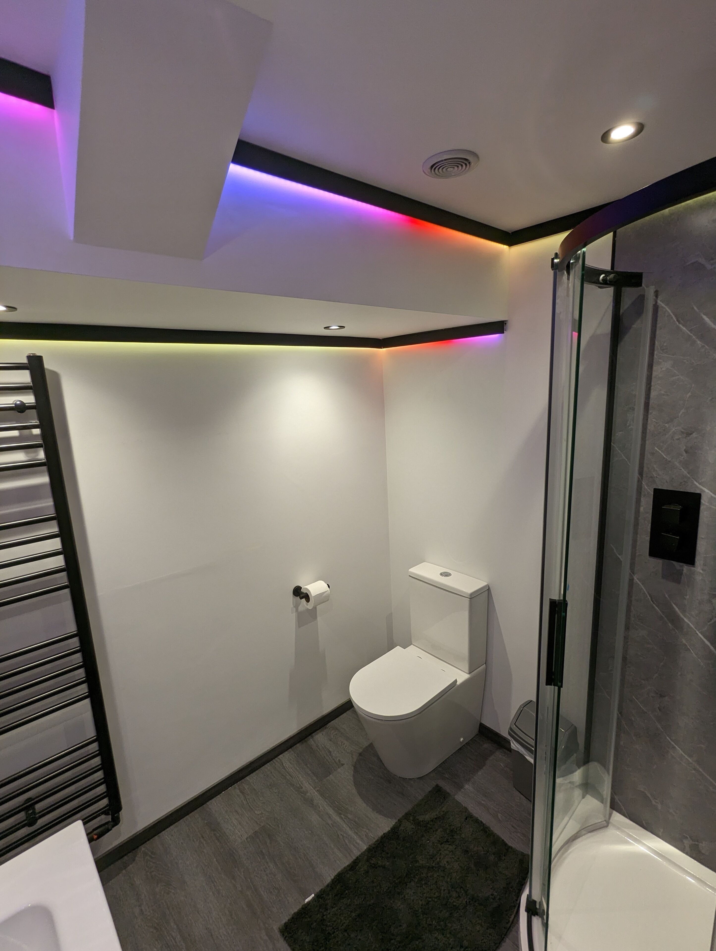 A modern bathroom with a glass shower enclosure, a toilet, and a towel rack.