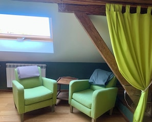 Habitación doble Confort, baño en la habitación, vista a la montaña | Área de sala de estar | Libros