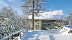 Een gebouw bedekt met sneeuw, met een houten omheining, een besneeuwde oprit en sneeuwzware bomen.