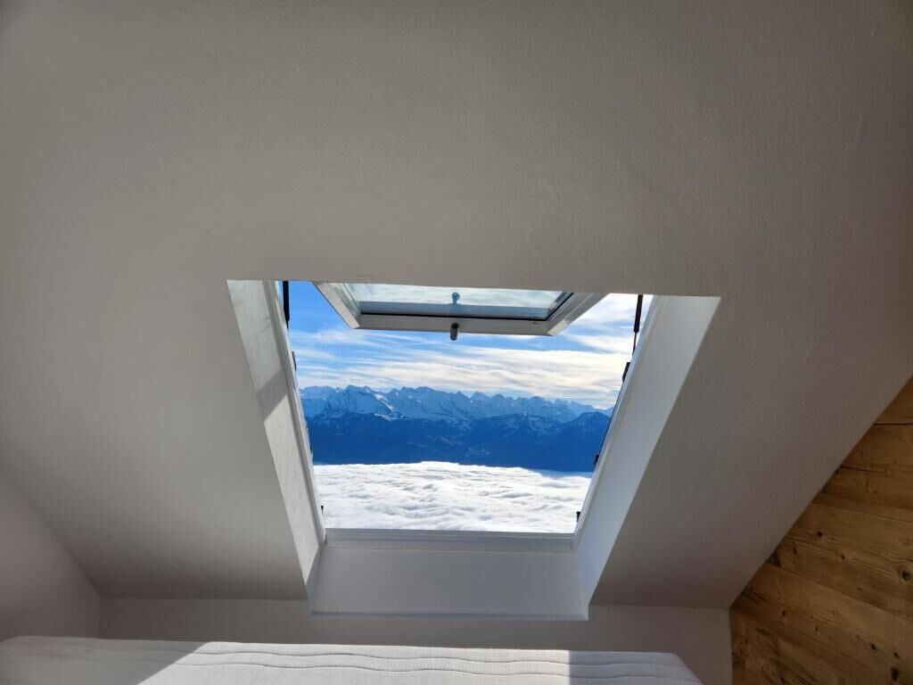 A room with a skylight, a bed, and a view of snow-covered mountains.