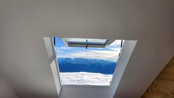 A room with a skylight, a bed, and a view of snow-covered mountains.