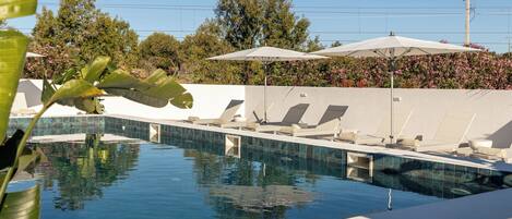 Outdoor pool, pool umbrellas, pool loungers