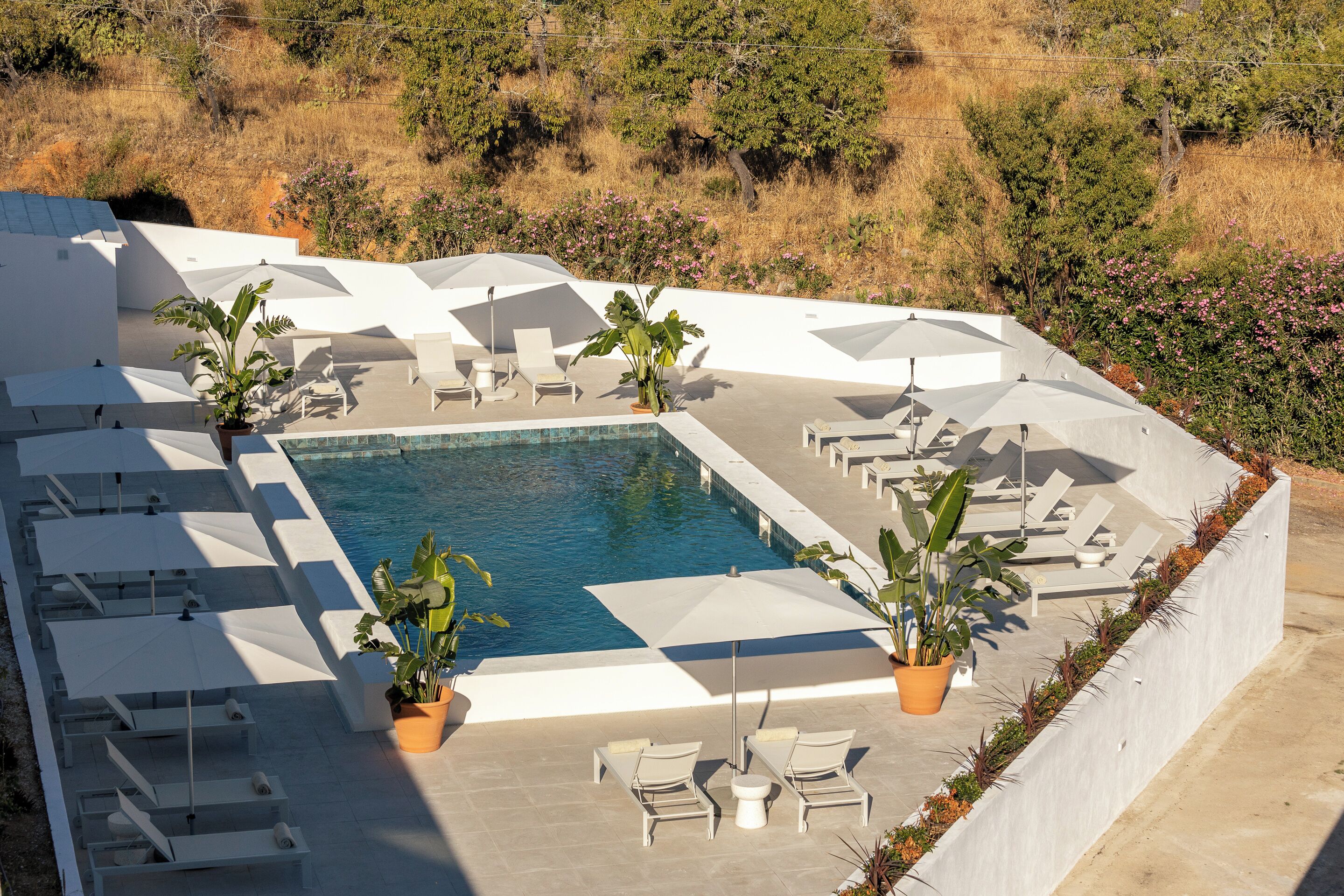 Una piscina al aire libre, sombrillas, tumbonas