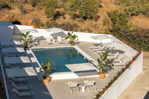Un área de piscina en la azotea con varias sillas de descanso y sombrillas, rodeada de plantas en macetas y vistas del paisaje circundante.