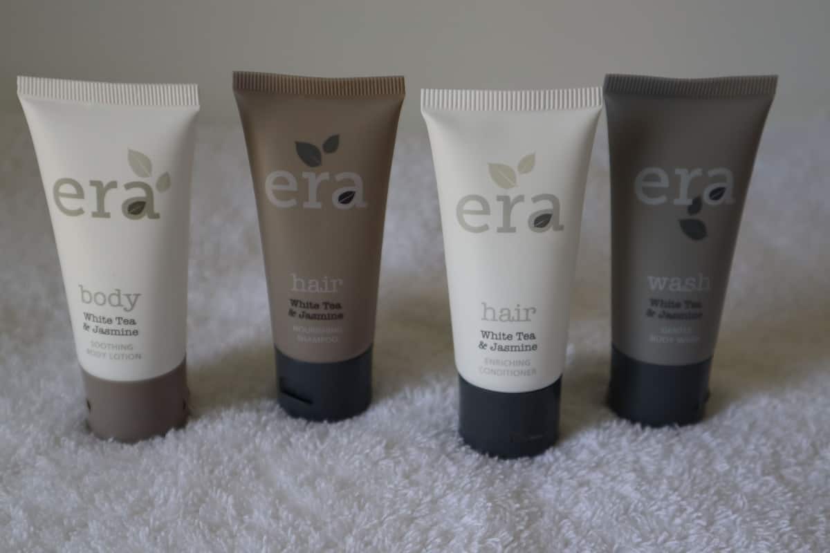 free toiletries, hair dryer, towels