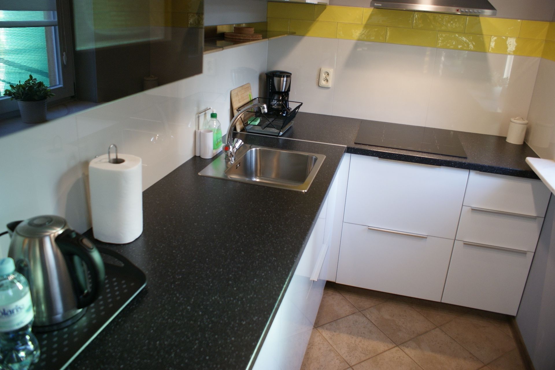 A kitchen with a stainless steel sink, a kettle, a coffee maker, and a potted plant.