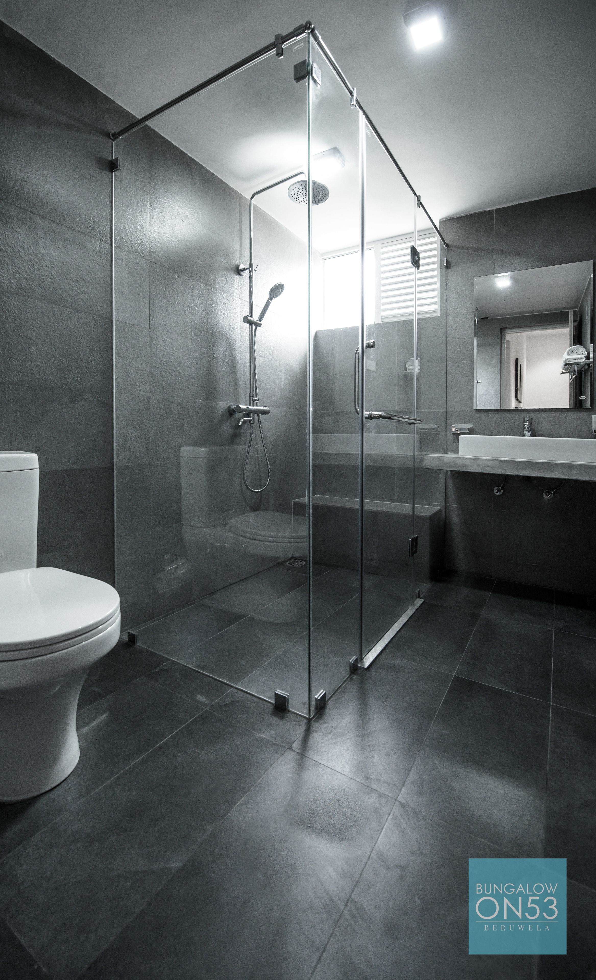 A modern bathroom with a glass-enclosed shower, a toilet, and a sink with a mirror above.
