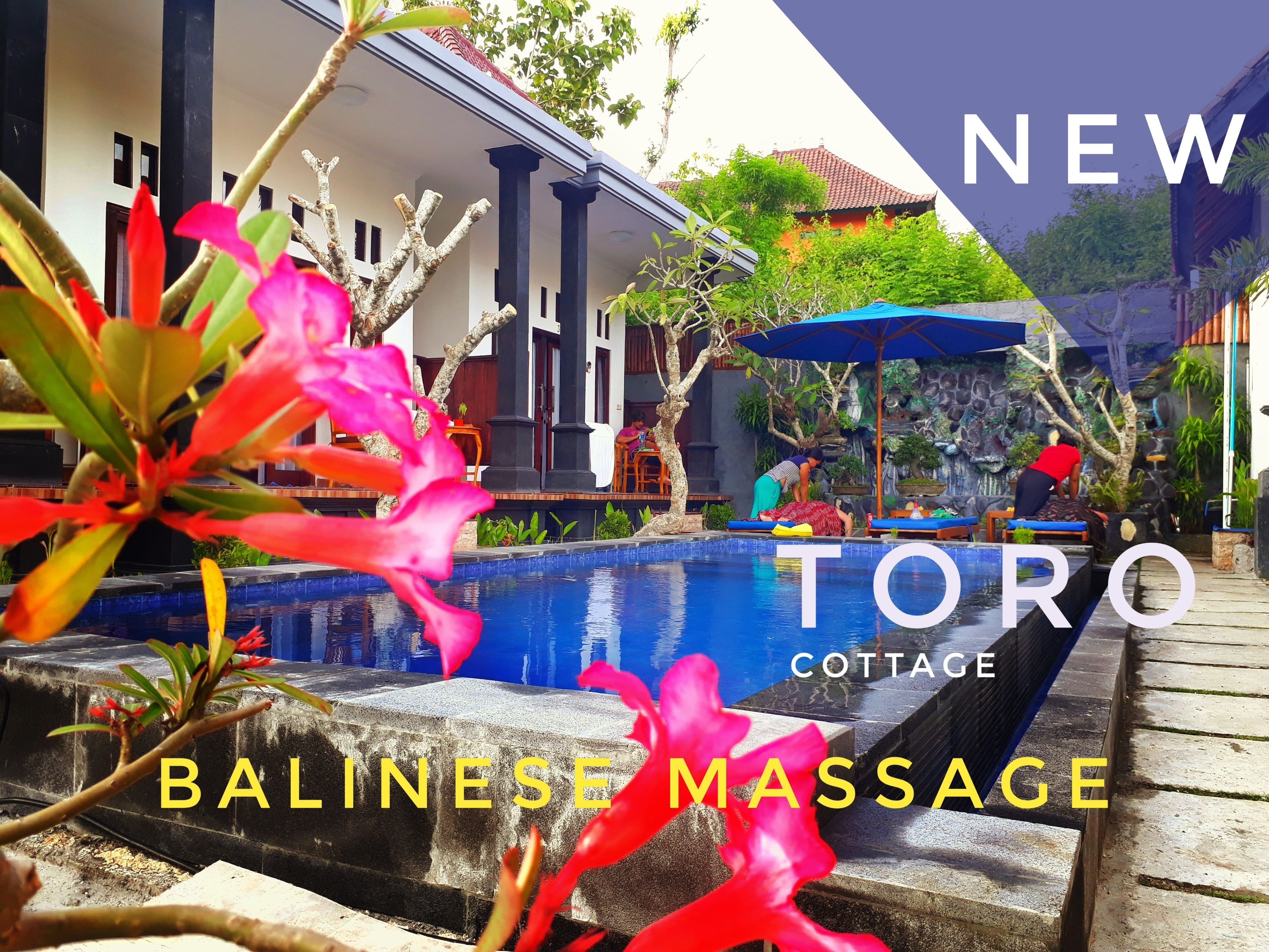A Balinese massage service at a cottage with a pool, surrounded by lush greenery and traditional architecture.