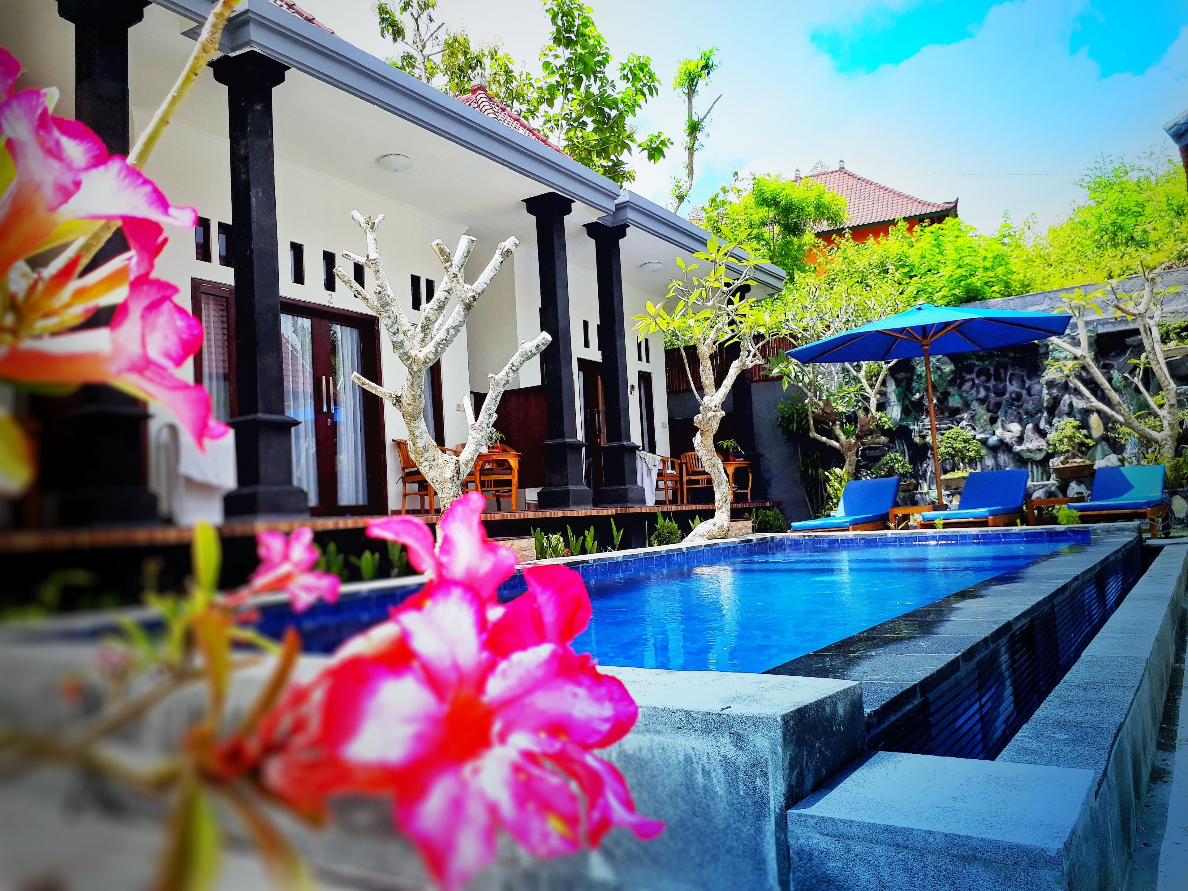 A pool area with a clear view of the pool, a blue umbrella, and a stone wall.
