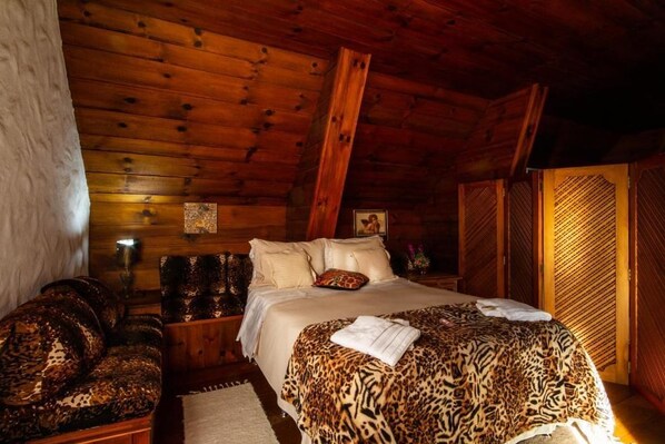 Un dormitorio de cabaña de madera con una cama, una mesita de noche, una silla y un armario.