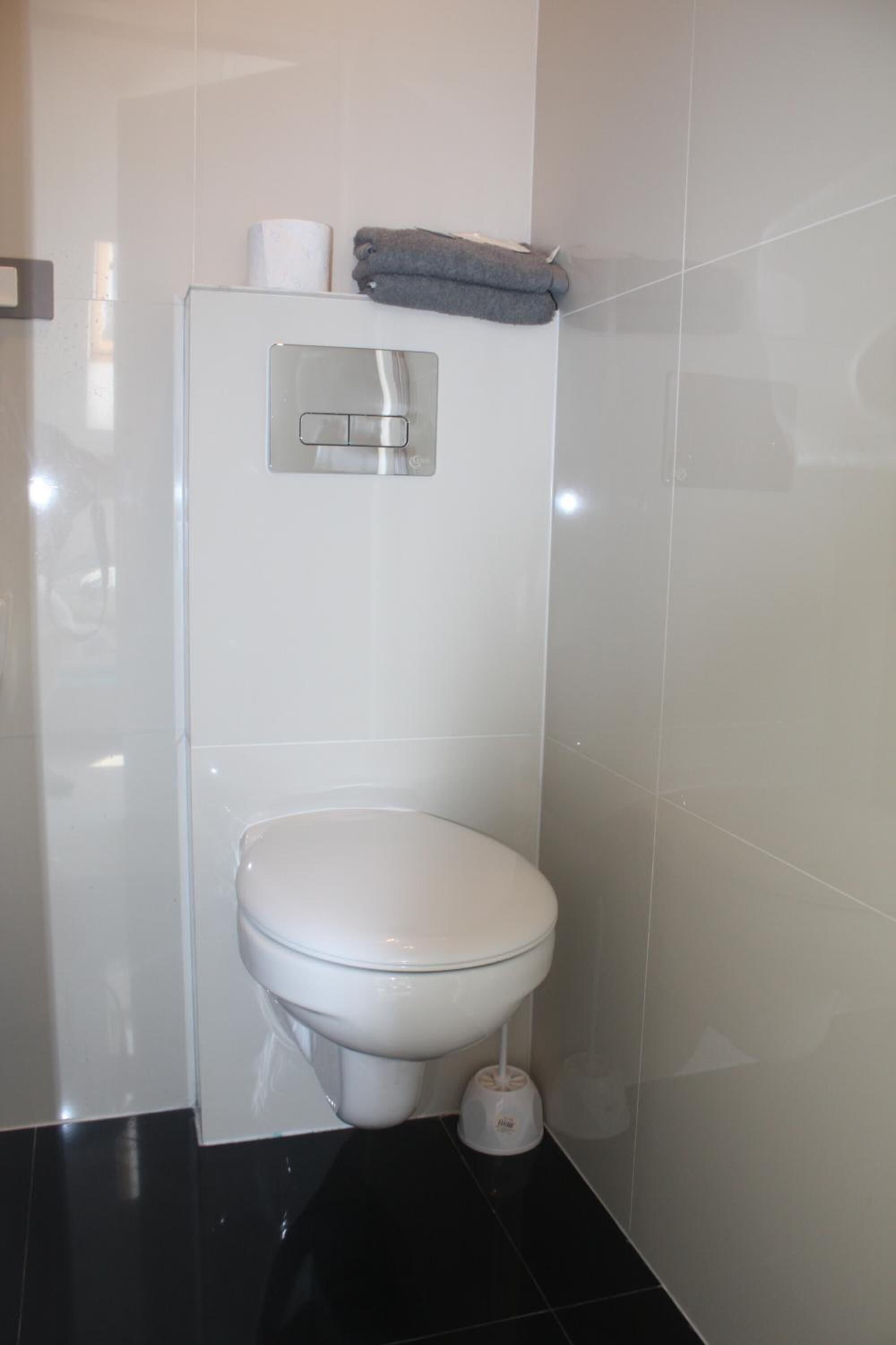 A modern bathroom with a white toilet, a flush handle, and a toilet paper holder.