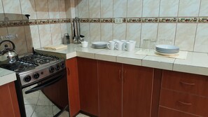 A kitchen with a gas stove, a kettle, a grater, and a sink. There are white plates, cups, and a stack of napkins on the counter.