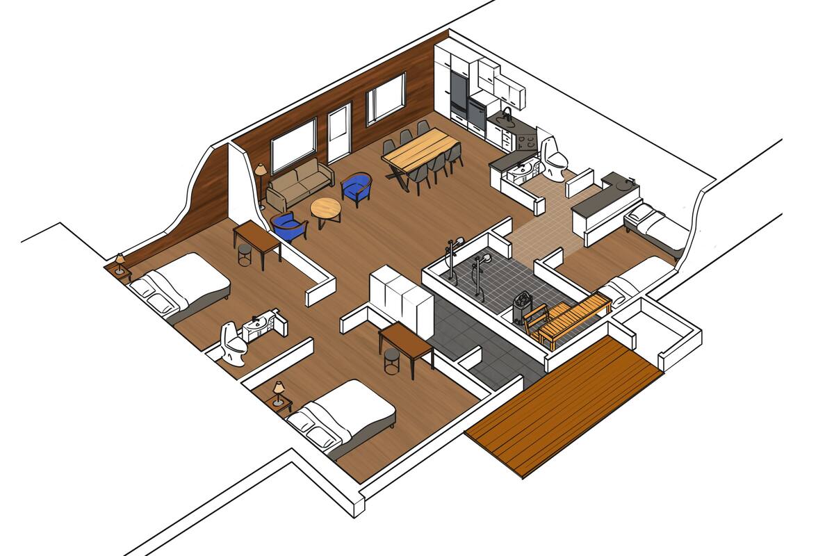 A 3D floor plan of a compact hotel room with a kitchenette, a dining area, a bathroom, and a small seating area.