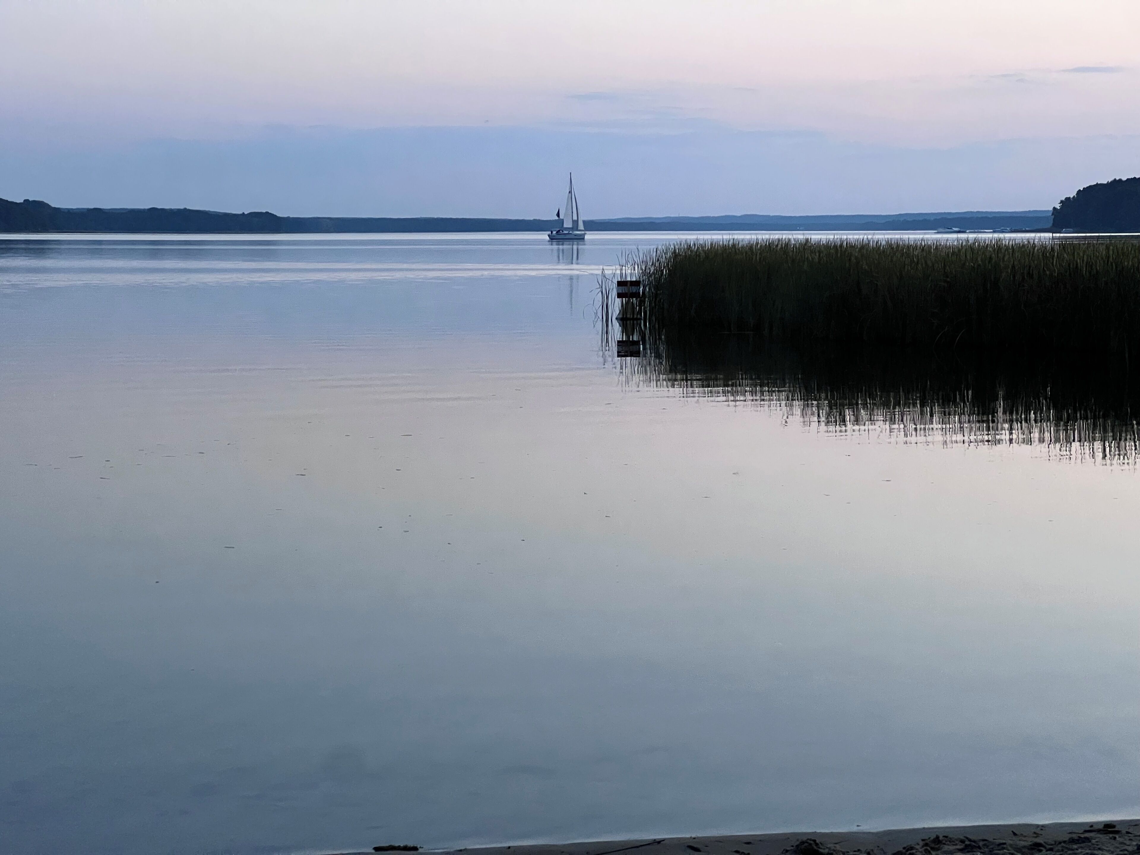 Une étendue d’eau calme, avec un voilier à l’horizon, bordée de rives verdoyantes.