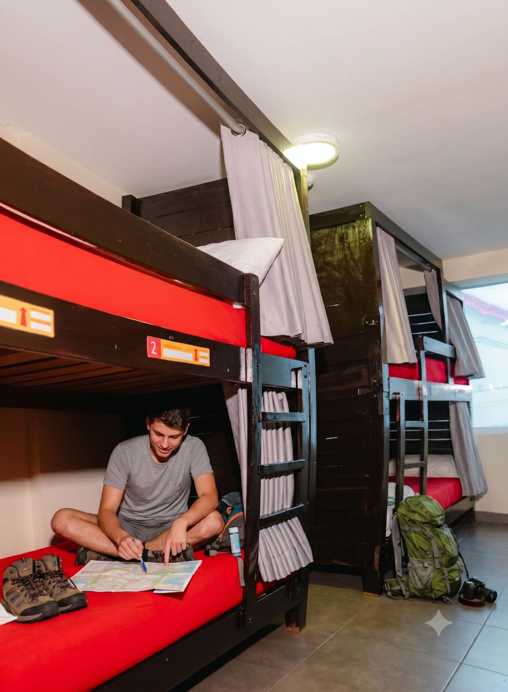 A bunk bed room with a person sitting on the lower bunk, a map, and a backpack on the floor.