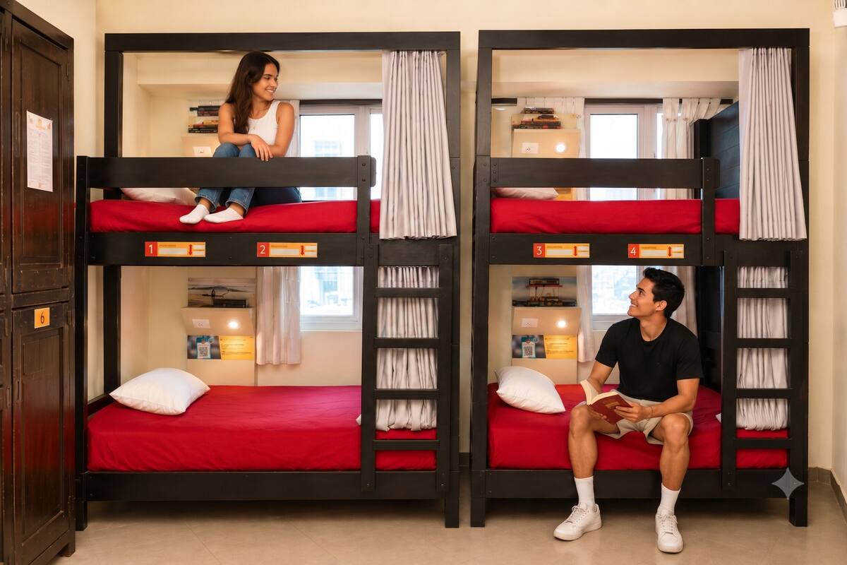Bunk beds with red bedding, white curtains, and a small shelf with books.