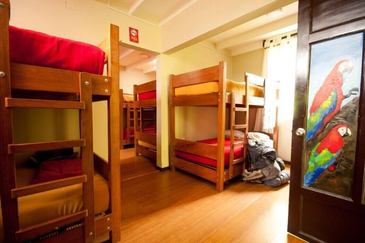 A room with bunk beds, a wooden door with a parrot painting, and a red cushion on one bed.