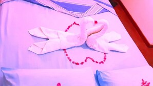 A bed with a pink and white color scheme, a decorative swan pillow, and a heart-shaped arrangement of red rose petals. - Luna Beach Home & Cabanas - Hostel (Boossa)