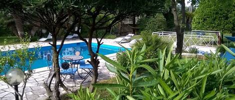 Alberca al aire libre por temporada y sombrillas en la alberca