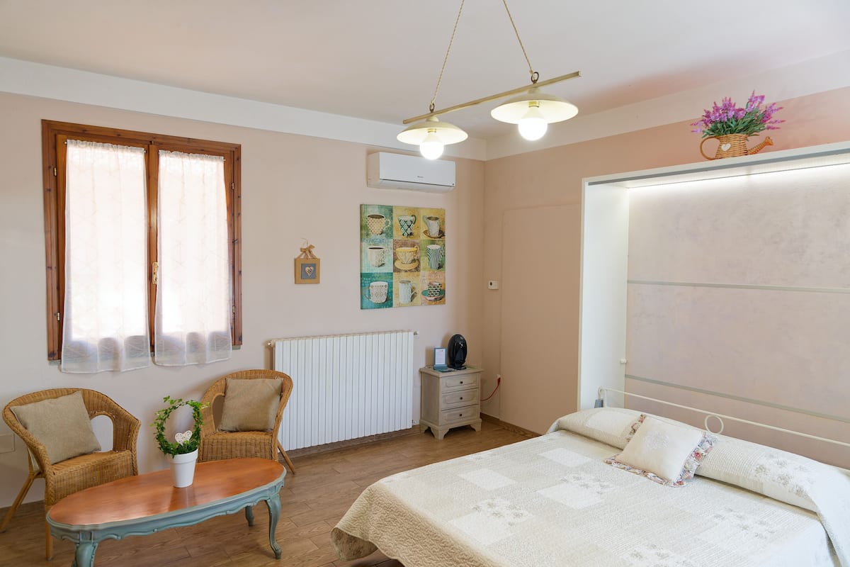 Une chambre à coucher comprenant un lit, deux fauteuils en osier, une petite table avec une plante, un radiateur, une table de chevet et un climatiseur fixé au mur.