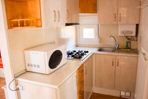 Frigorífico grande, microondas, placa de cocina y utensilios de cocina