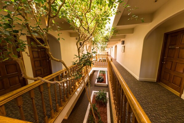 Un pasillo de hotel con puertas de madera, barandal de madera y una jardinera central con plantas.