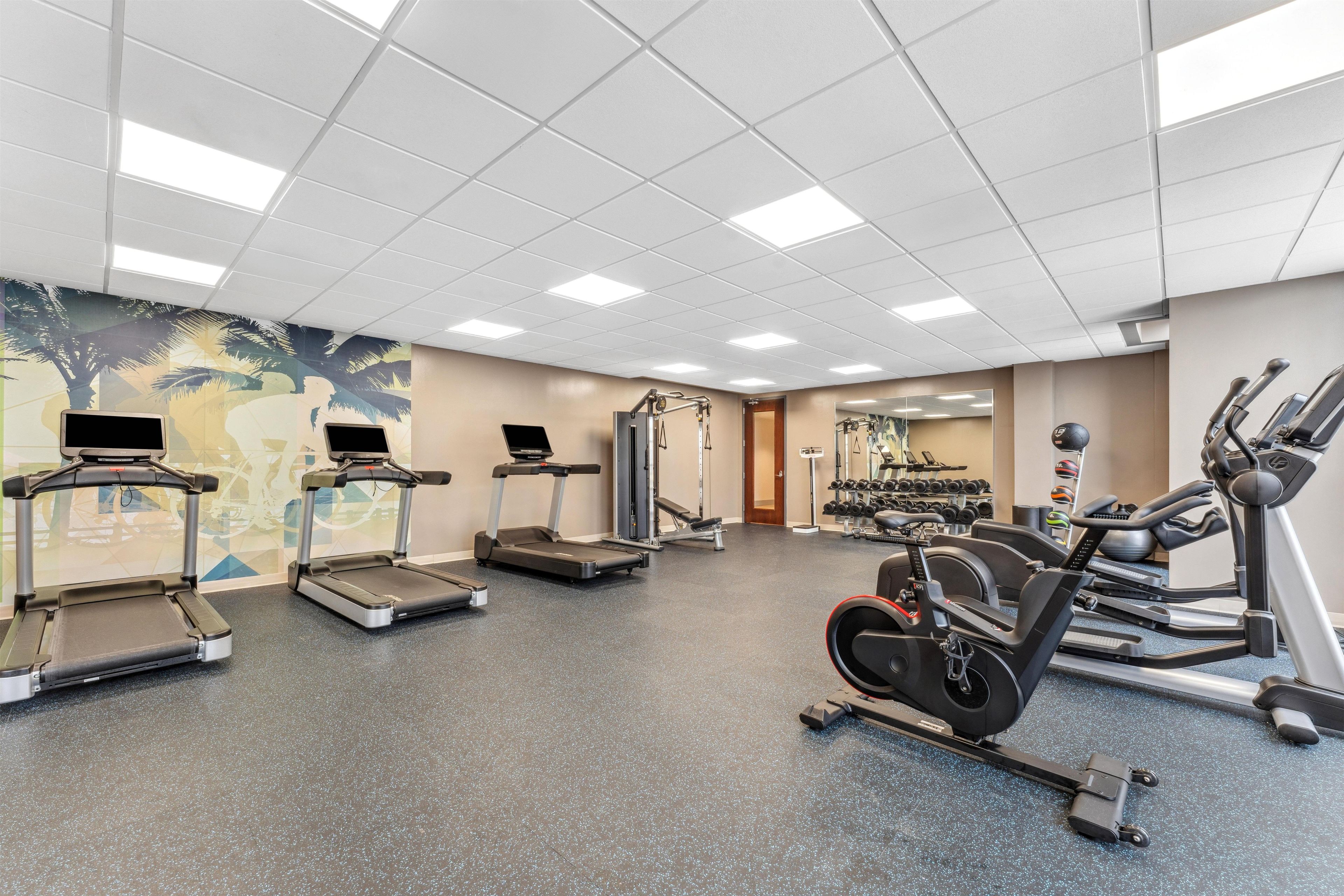 Une salle de sport équipée de tapis de course, de vélos elliptiques et de matériel de musculation.