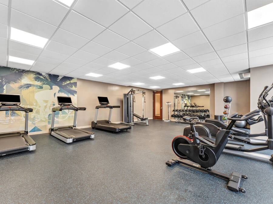 A gym with treadmills, elliptical machines, and weightlifting equipment.