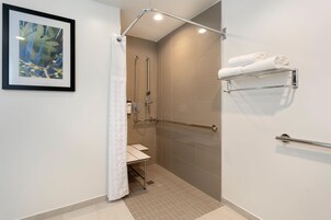 A modern bathroom with a shower, a toilet, and a towel rack.