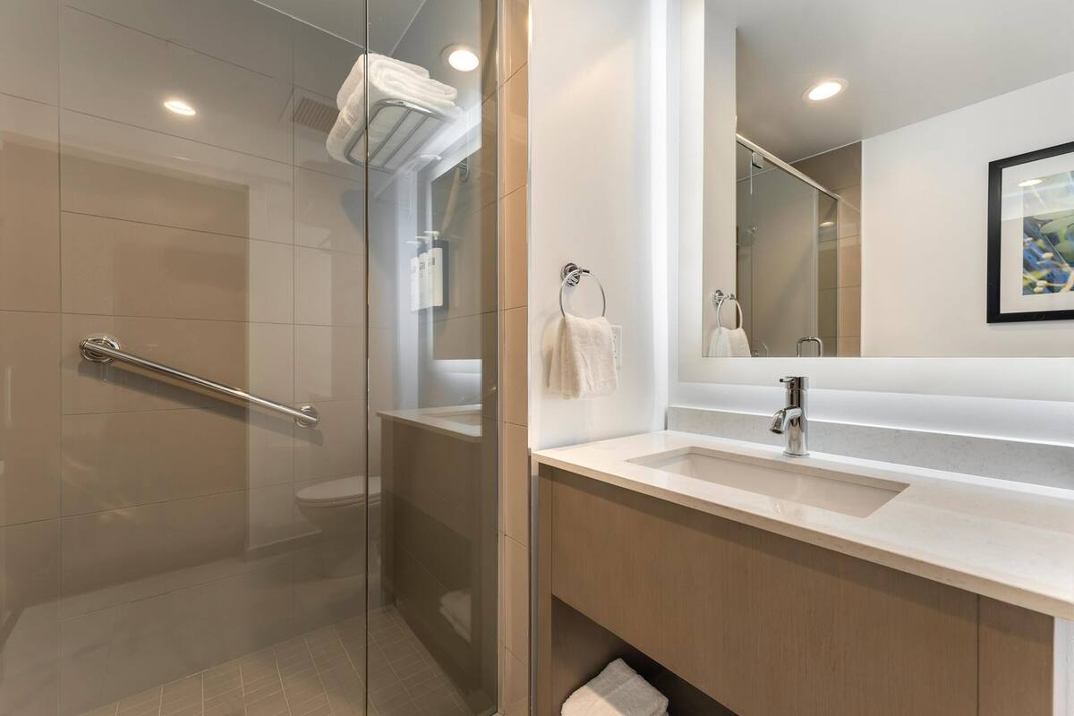 Habitación, 1 cama de matrimonio grande con sofá cama | Baño | Artículos de higiene personal de diseño, secador de pelo y toallas