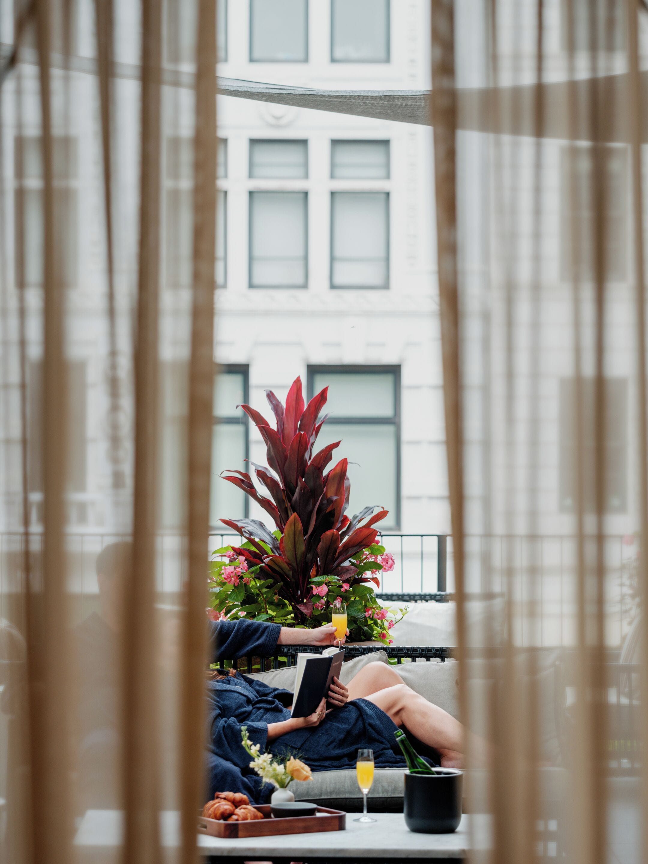 Una persona sentada en un balcón, con una planta en maceta, un vaso de bebida y un libro.