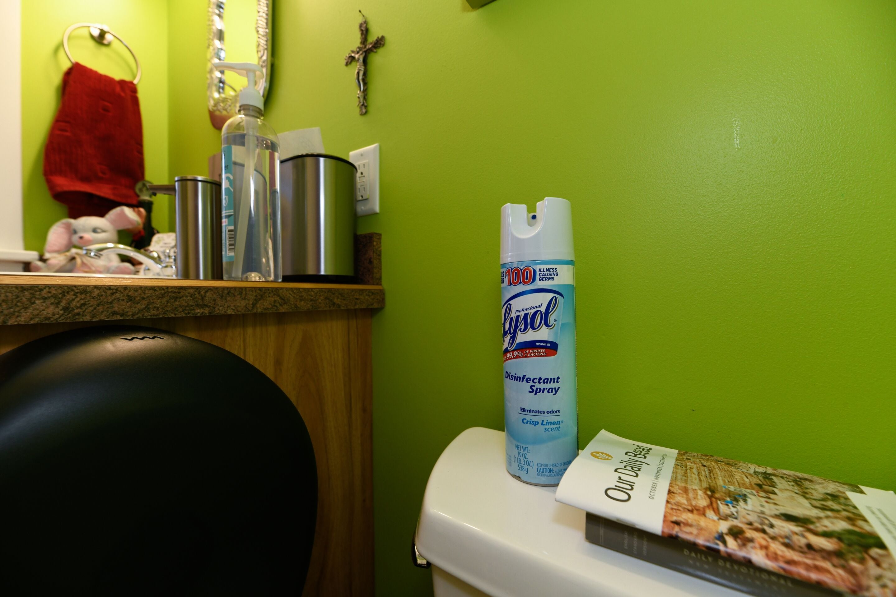 Une salle de bain avec un mur vert, des toilettes, un lavabo avec une serviette rouge et un vaporisateur de désinfectant Lysol.