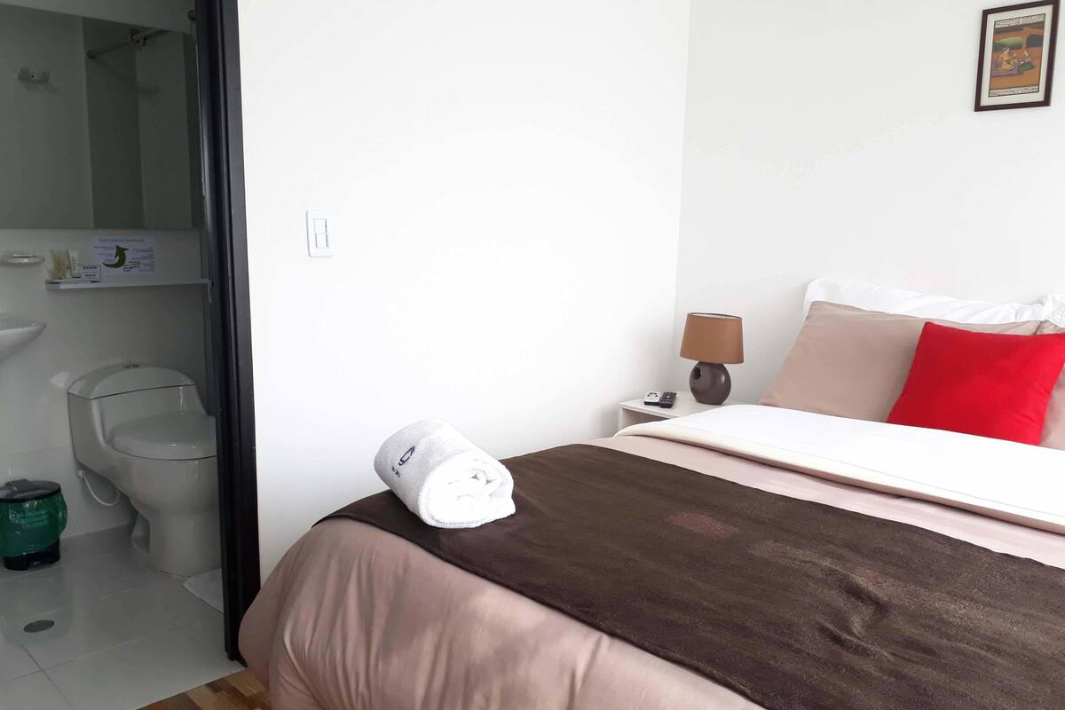 A hotel room with a bed, a nightstand with a lamp, a red pillow, and a wall-mounted picture.