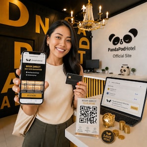 A person holding a smartphone displaying a booking interface for PandaPodHotel.com, a laptop with a booking page, a QR code, and a piggy bank with coins. - Panda Pod Hotel (Richmond)