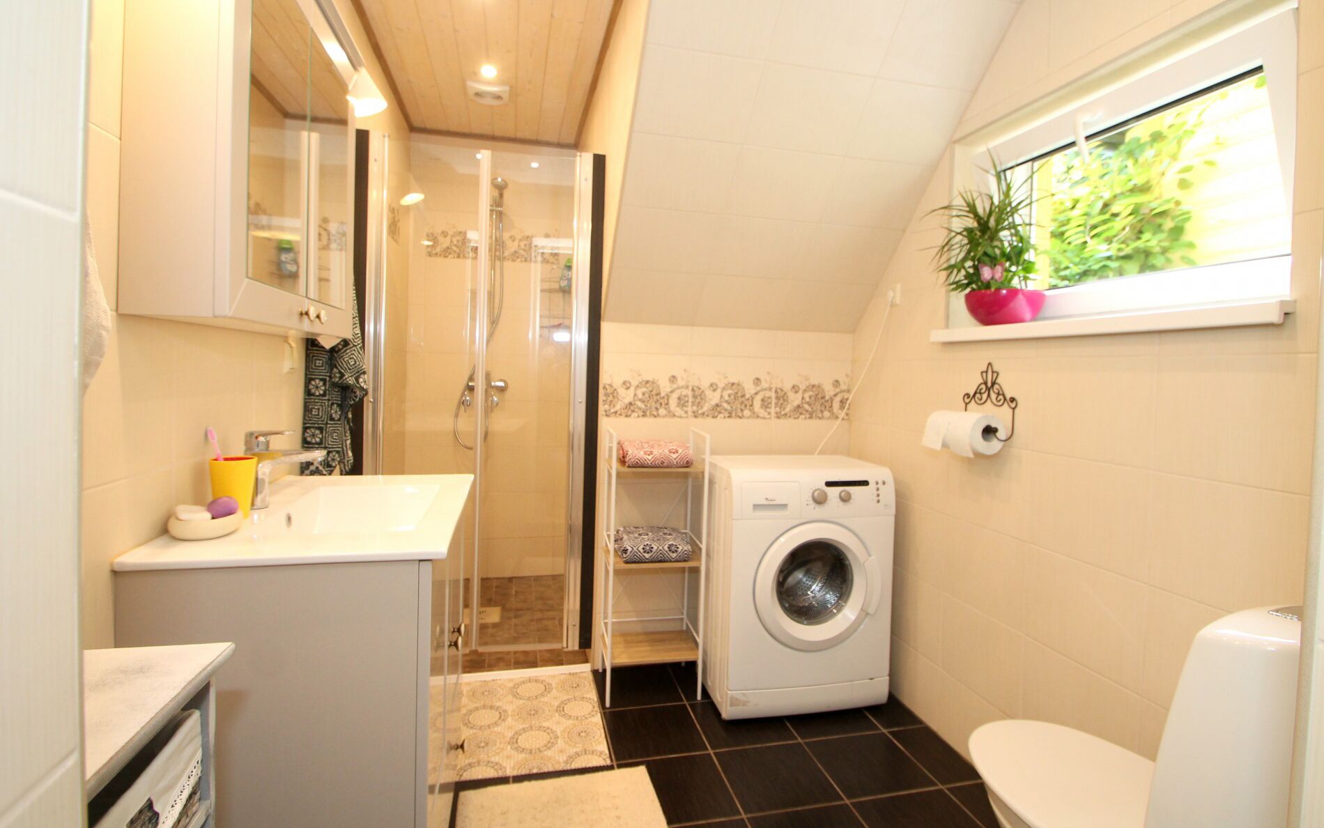 Hair dryer, towels, soap, shampoo