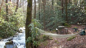 A forested area with a small stream, a hammock, picnic tables, and a wooden structure. - Sanitized! Creekside Cottage sits over Creek  Woods, Looking into Park!  Pets OK (Cosby)