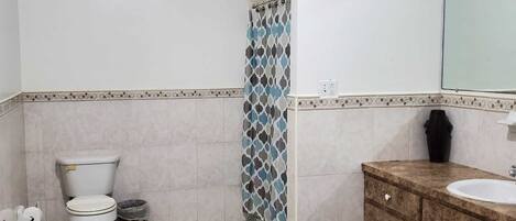 A bathroom with a toilet, sink, and shower curtain.